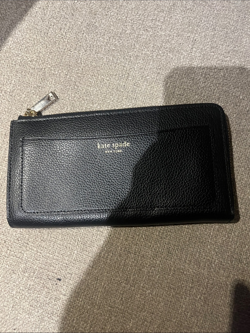 kate spade Black Pebbled Leather Zip-Around Wallet with Gold Logo